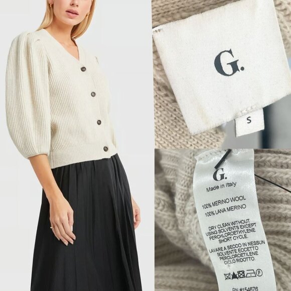 G. Label by GOOP Foster Ribbed Puff Sleeve Cardigan Sweater Ivory Merino Wool - Picture 11 of 11